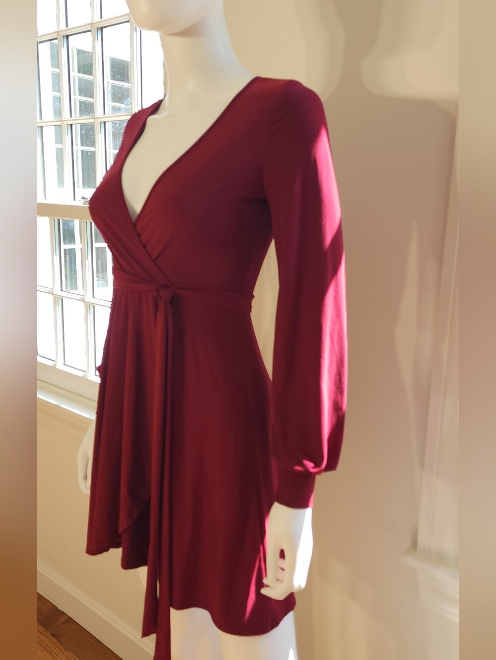 Forever 21 Faux Wrap Dress Long Sleeve Mini Vneck Red Cranberry Maroon Burgundy - Picture 2 of 8